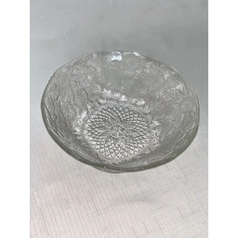 Vintage Clear Pressed Glass Bowl Floral Design Cut decorative Floral Serving